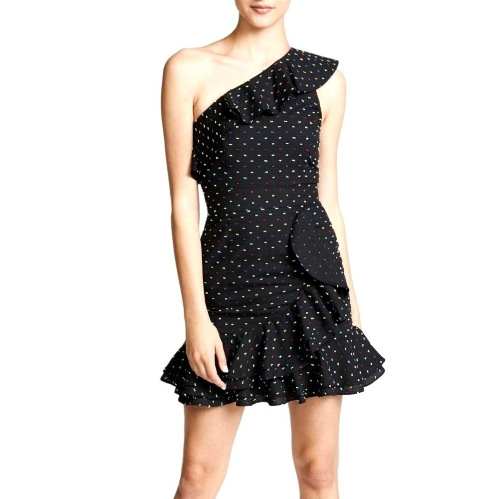 Wayf Norton One Shoulder Mini Dress in Swiss Dot Black Ruffle 100% Cotton Size M
